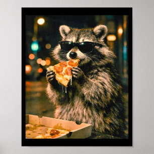 Funny cool raccoon with sunglasses eating pizza poster