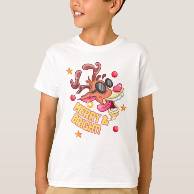 Funny Cool Reindeer Merry Bright Holiday  T-Shirt (Front)