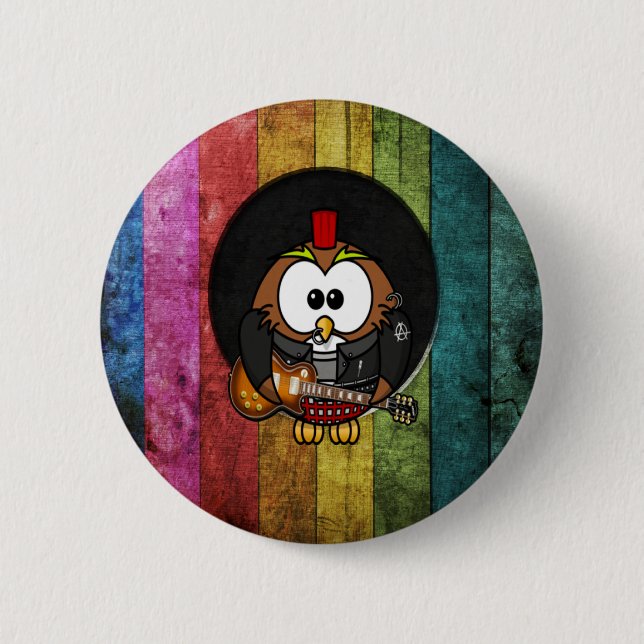 Funny cool rock&roll owl with piercings playing button (Front)