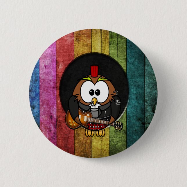 Funny cool rock&roll owl with piercings playing button (Front)