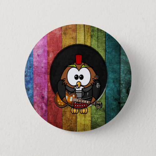 Funny cool rockroll owl with piercings playing button