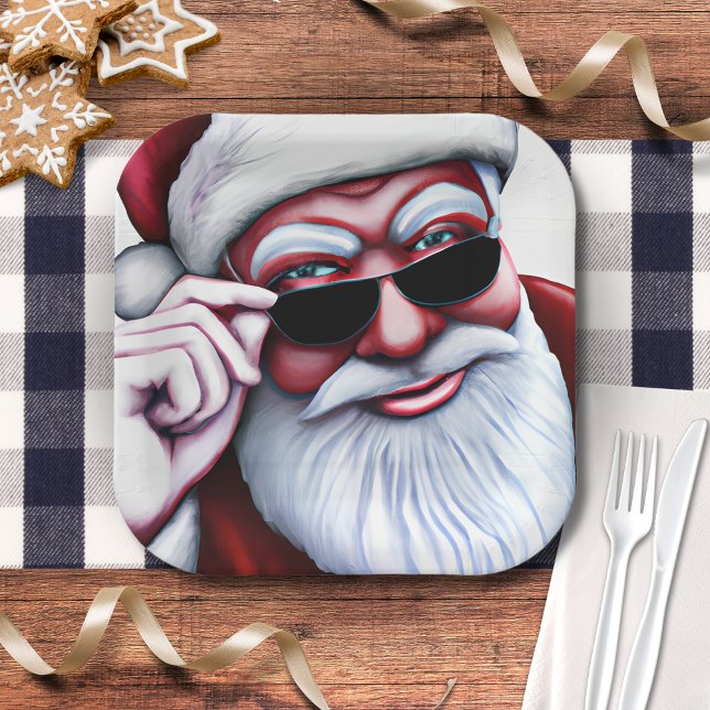 Funny Cool Santa Claus in Sunglasses Christmas Paper Plates (funny cool santa claus wearing sunglasses paper plates)