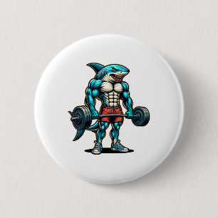 Funny Cool Shark Weightlifting Bodybuilder Muscle Button