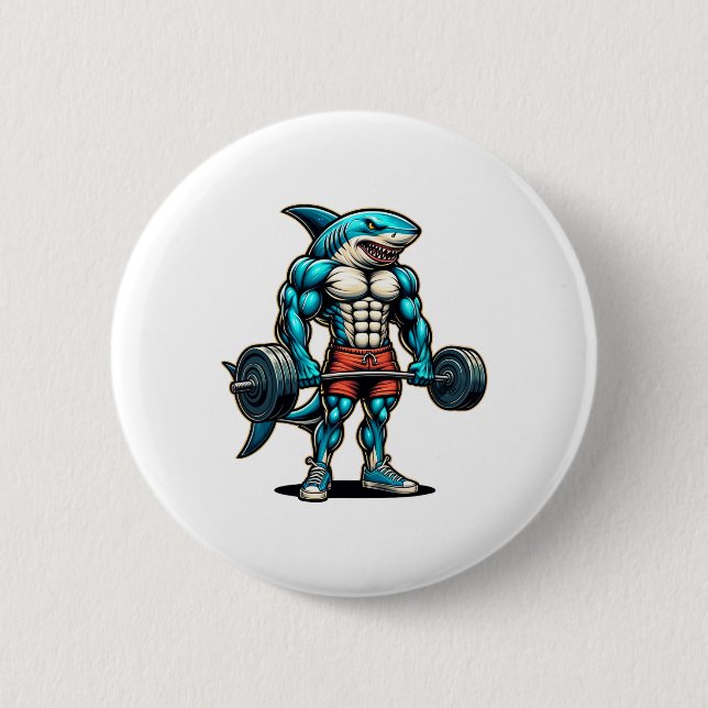 Funny Cool Shark Weightlifting Bodybuilder Muscle  Button (Front)