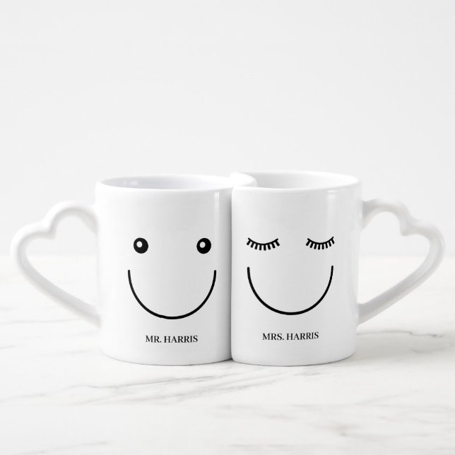 Funny Cool Smile Faces Mr & Mrs Coffee Mug Set (Front Nesting)