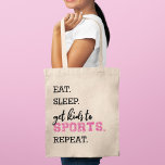 Funny Cool Sports Mom Tote Bag<br><div class="desc">Cool sports mom tote bag featuring the funny saying "eat. sleep. get kids to sports. repeat.".</div>
