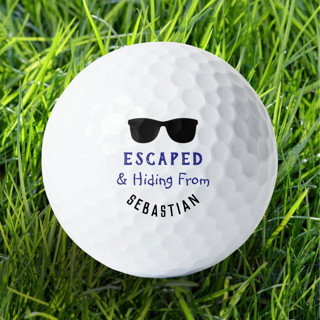 Funny Cool Sunglasses Escaped & Hiding Lost Golf Balls (A funny personalized golf ball with dark sunglasses picture and 'escaped and hiding' caption)