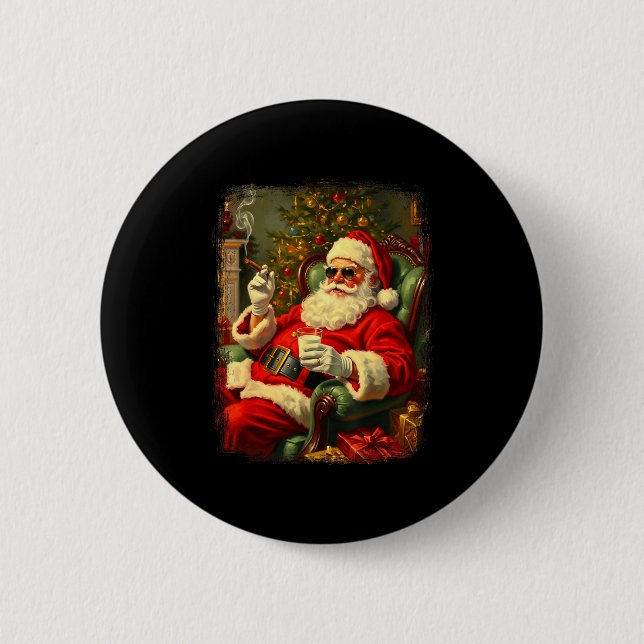 Funny Cool Sungles Cigar And Milk Santa Christmas  Button (Front)