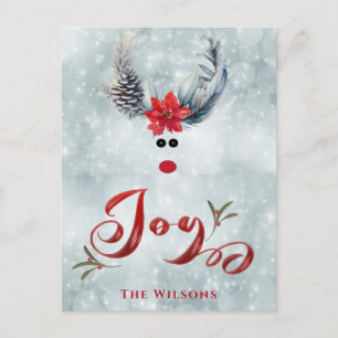 Funny cool whimsy poinsettia reindeer holiday postcard