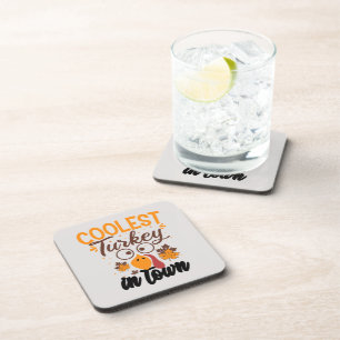 Funny coolest turkey town Thanksgiving word art Beverage Coaster