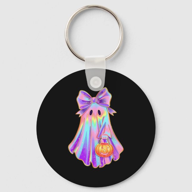 Funny Coquette Bow Ghost Pumpkin Halloween Soky Se Keychain (Front)