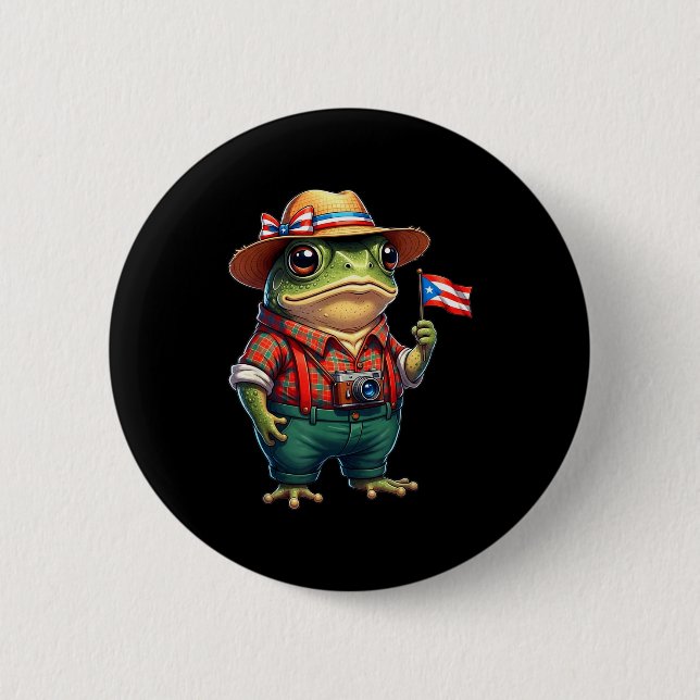 Funny Coqui Frog Puerto Rico Flag Taino Boricua Hi Button (Front)