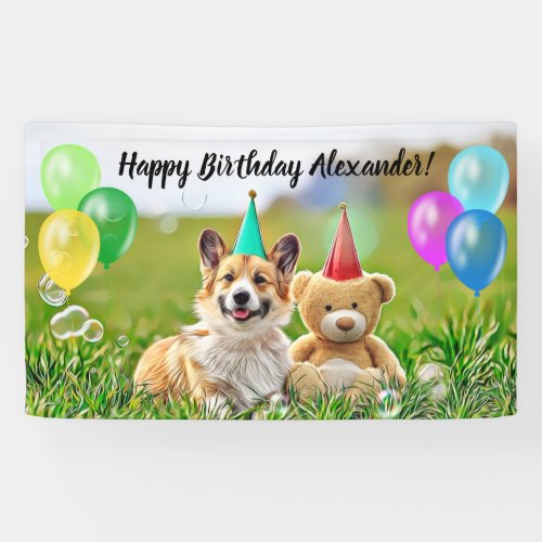 Funny Corgi Balloons Happy Birthday Party Banner 