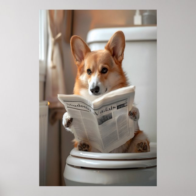 Funny Corgi Bathroom Print, Toilet Newspaper Art Poster (Front)
