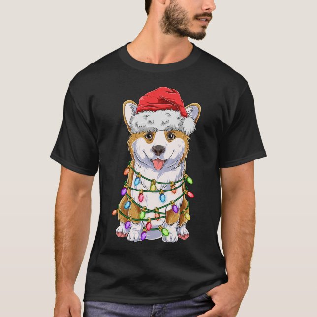 Funny Corgi Christmas Tree Lights Gift Santa Hat D T-Shirt (Front)