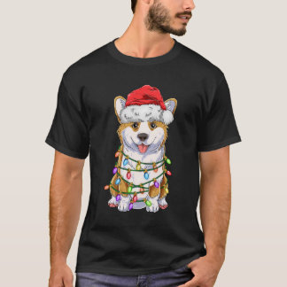 Funny Corgi Christmas Tree Lights Gift Santa Hat D T-Shirt