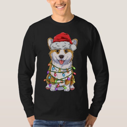 Funny Corgi Christmas Tree Lights Gift Santa Hat D T_Shirt