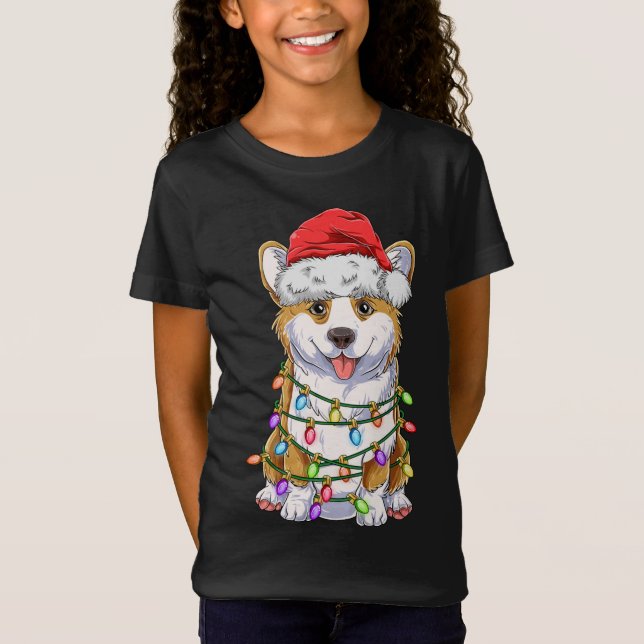 Funny Corgi Christmas Tree Lights Gift Santa Hat D T-Shirt (Front)