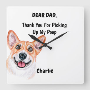 Funny Corgi Dad Watercolor Canine Art Square Wall Clock