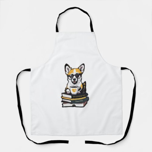 Funny Corgi Dog Book and Tea  Coffee Pun Puppy  Apron