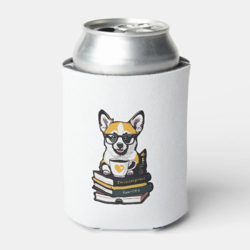 Funny Corgi Dog Book and Tea  Coffee Pun Puppy  Can Cooler