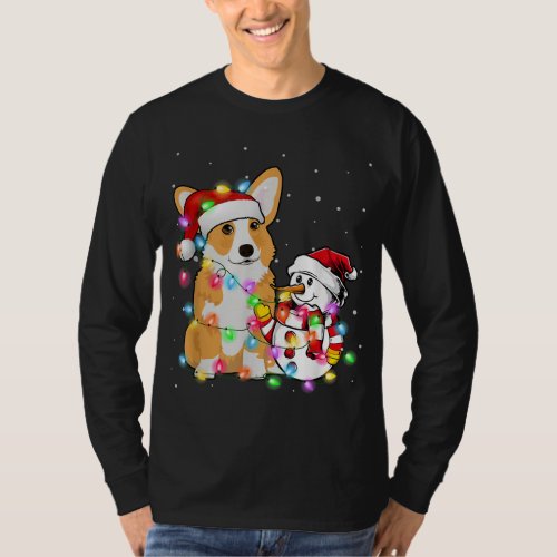 Funny Corgi Dog Christmas Tee Snowman Xmas Lights 
