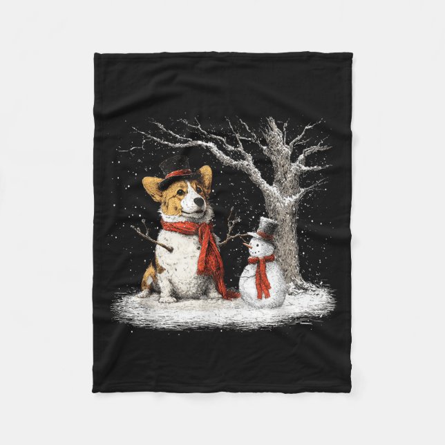 Funny Corgi Dog In The Snow Tree Christmas Winter  Fleece Blanket (Front)