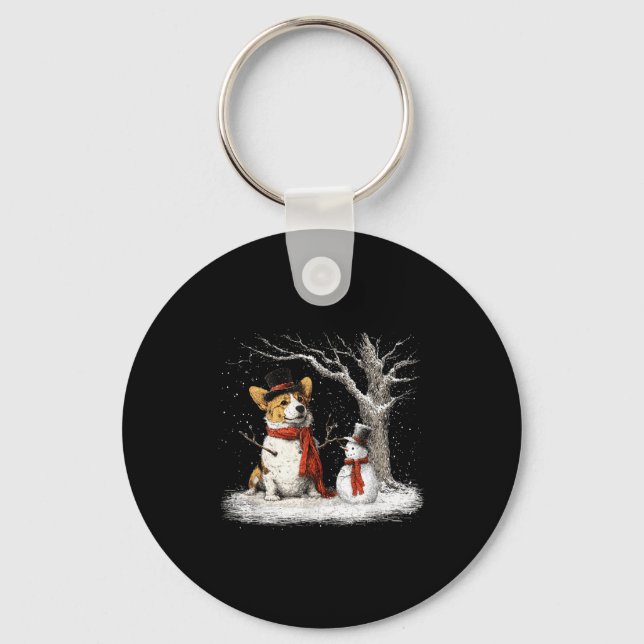 Funny Corgi Dog In The Snow Tree Christmas Winter  Keychain (Front)