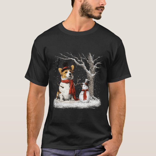 Funny Corgi Dog In The Snow Tree Christmas Winter  T-Shirt (Front)
