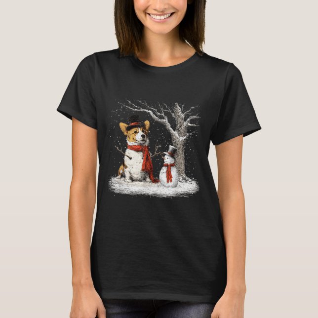 Funny Corgi Dog In The Snow Tree Christmas Winter  T-Shirt (Front)
