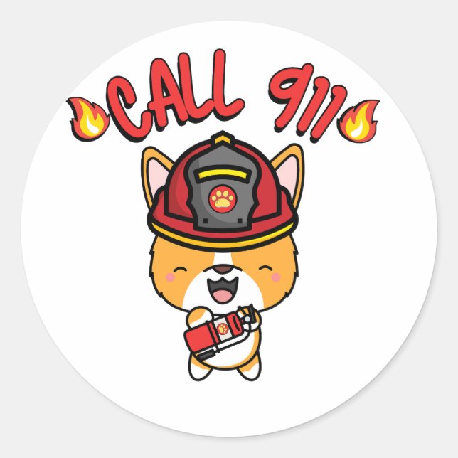 Funny Corgi dog is a firefighter  Classic Round Sticker (Front)