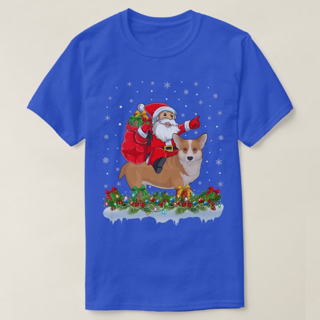 Funny Corgi Dog Lover Santa Riding Corgi Christmas T-Shirt (Design Front)