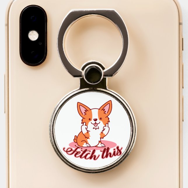 Funny Corgi Dog Middle Finger Fetch This Phone Ring Stand (Close Up)