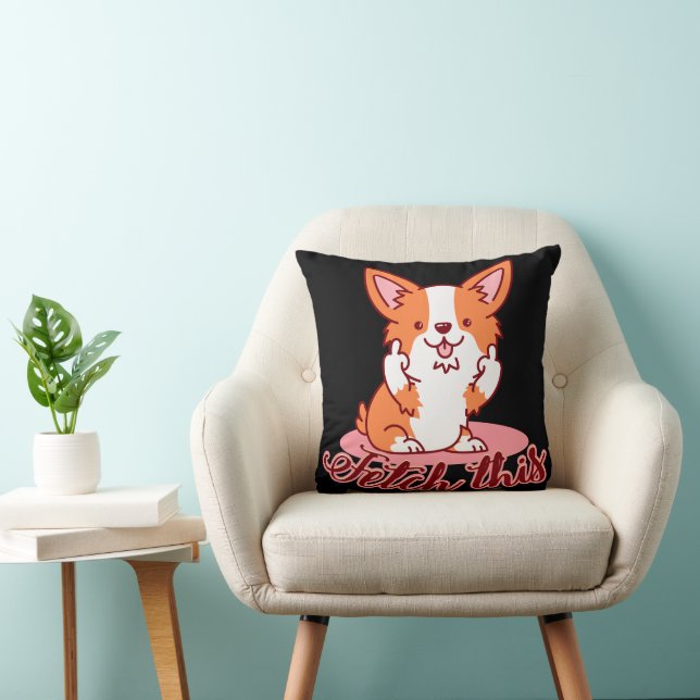 Funny Corgi Dog Middle Finger Fetch This Throw Pillow (Chair)
