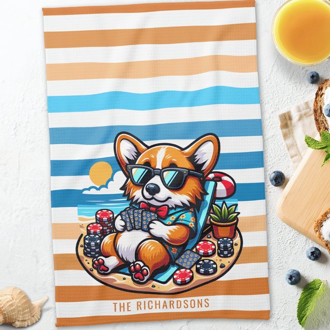 Funny Corgi Dog Poker Player on Vacation Kitchen Towel (Creator Uploaded)