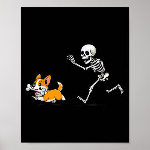 Funny Corgi Dog Steals Skeleton Bone Halloween Poster