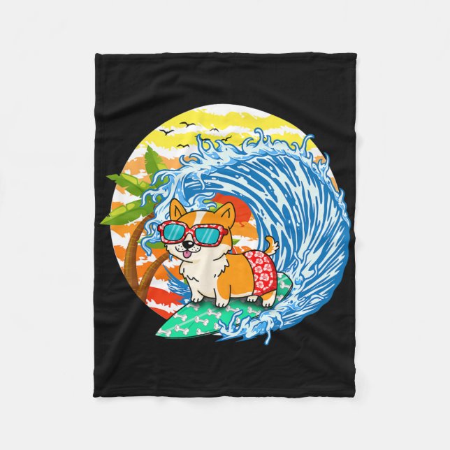 Funny Corgi Dog Surfing Surfer Hawaii Beach Summer Fleece Blanket (Front)