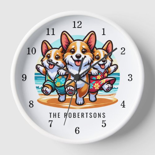 Funny Corgi Dogs Dancing on Beach Family Clock