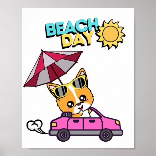 Funny Corgi driving to the beach Poster