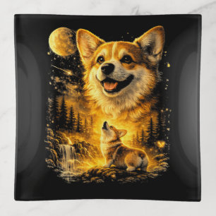 funny corgi howling at the moon trinket tray