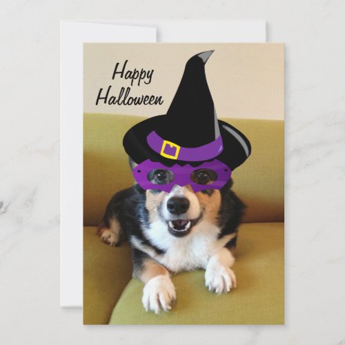 Funny Corgi in Witch Hat Costume Halloween Card