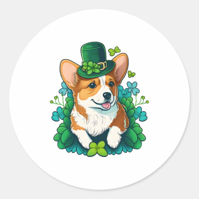 Funny Corgi Lover Shamrock Happy St Patricks Day Classic Round Sticker (Front)