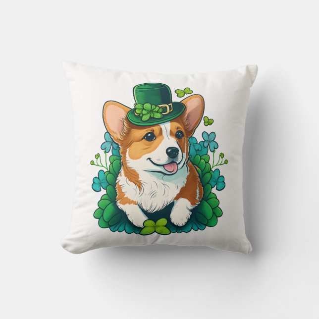 Funny Corgi Lover Shamrock Happy St Patricks Day Throw Pillow (Front)