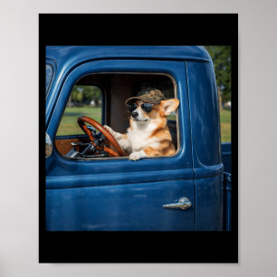 Funny Corgi Meme Humorous Dog Driving Truck Road Poster