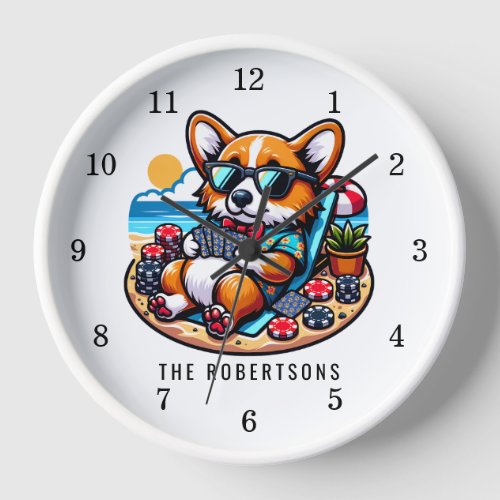 Funny Corgi Playing Poker on a Beach Family Clock