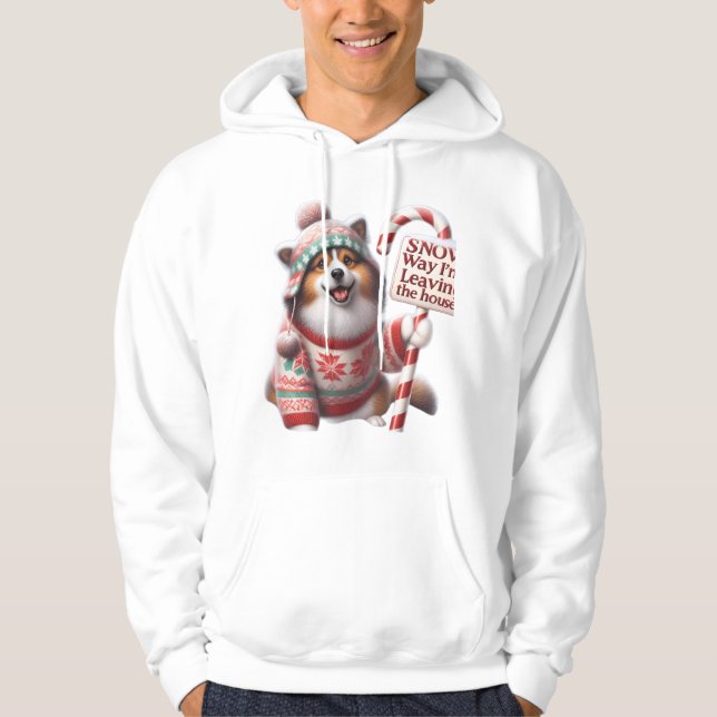 Funny Corgi/Pomeranian Dog in Sweater: "Snow Way!" Hoodie (Front)
