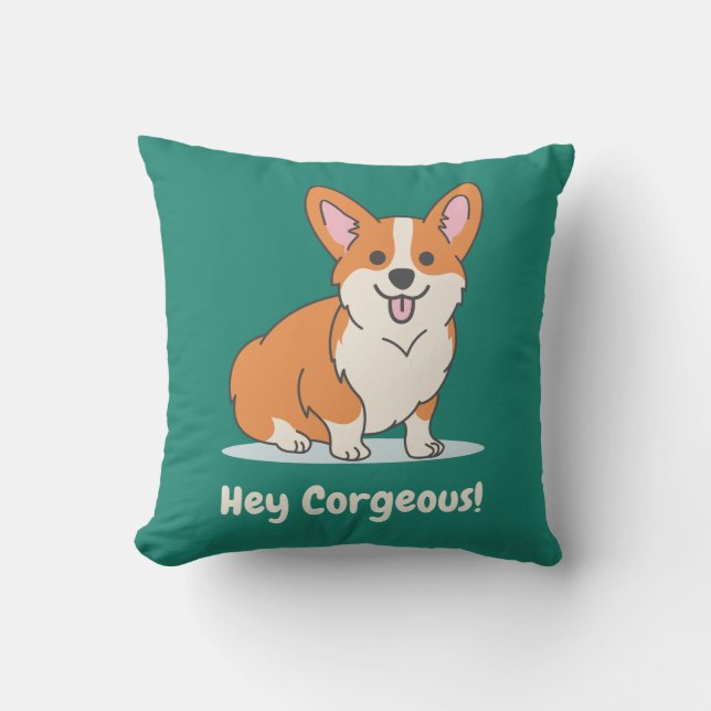 Funny Corgi Puppy Pun - Hey Corgeous Throw Pillow (Front)