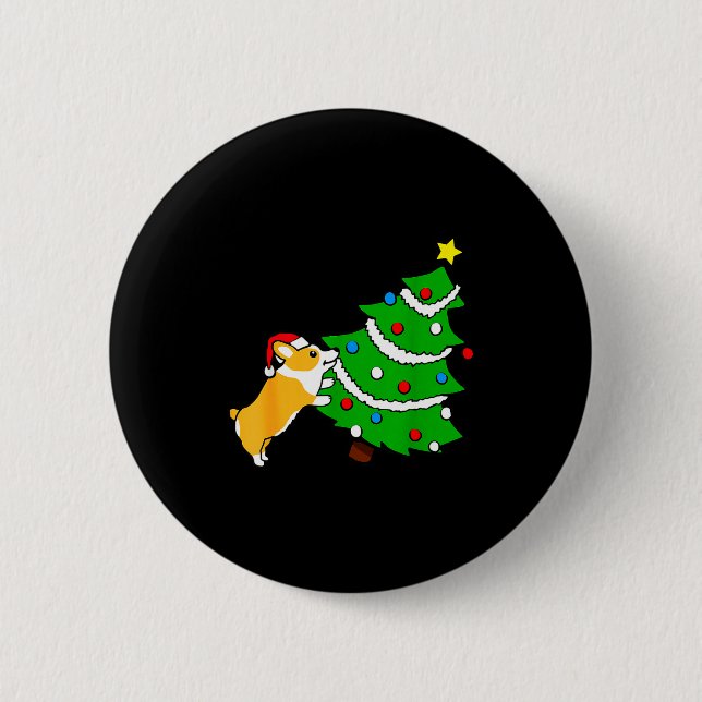 Funny Corgi Pushing Christmas Tree Xmas Dog Mom  Button (Front)