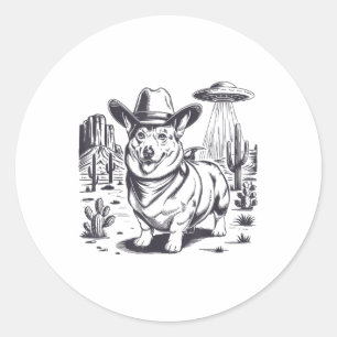 Funny Corgi Ufo Western Cowboy Vintage 90s 80s Classic Round Sticker