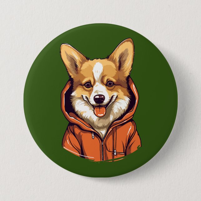 Funny Corgi Wearing Hoodie Button (Front)